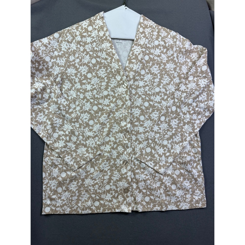 UltraSofts National Women Tan White Floral Button Front Cardigan Top Size L